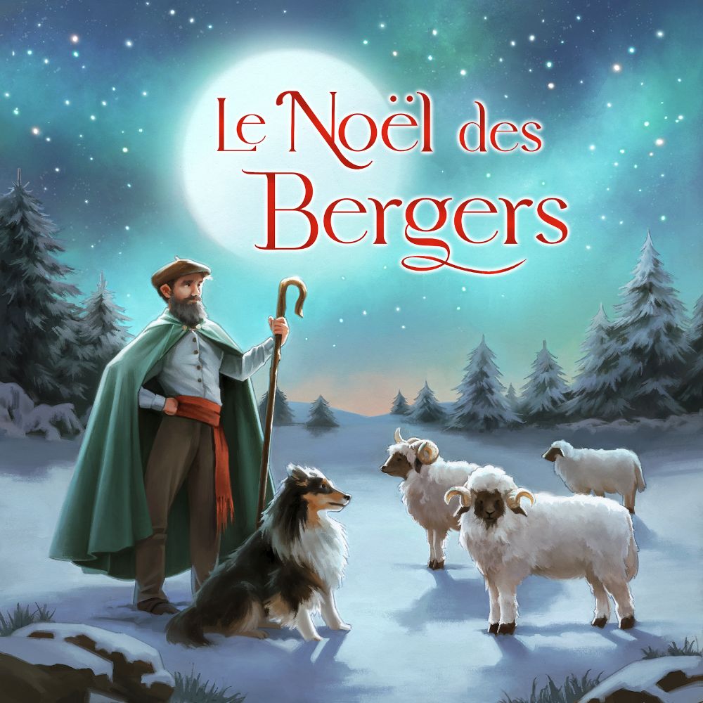 Un berger avec son chien et des béliers, le tout dans un pâturage enneigé
